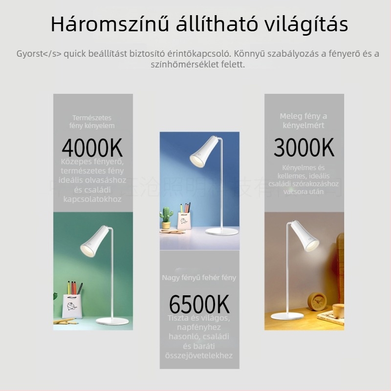 LED asztali lámpa szemvédővel, mágneses klip a falon, újratölthető akkumulátor, érintéses kapcsoló, CRI≥90, 3W
