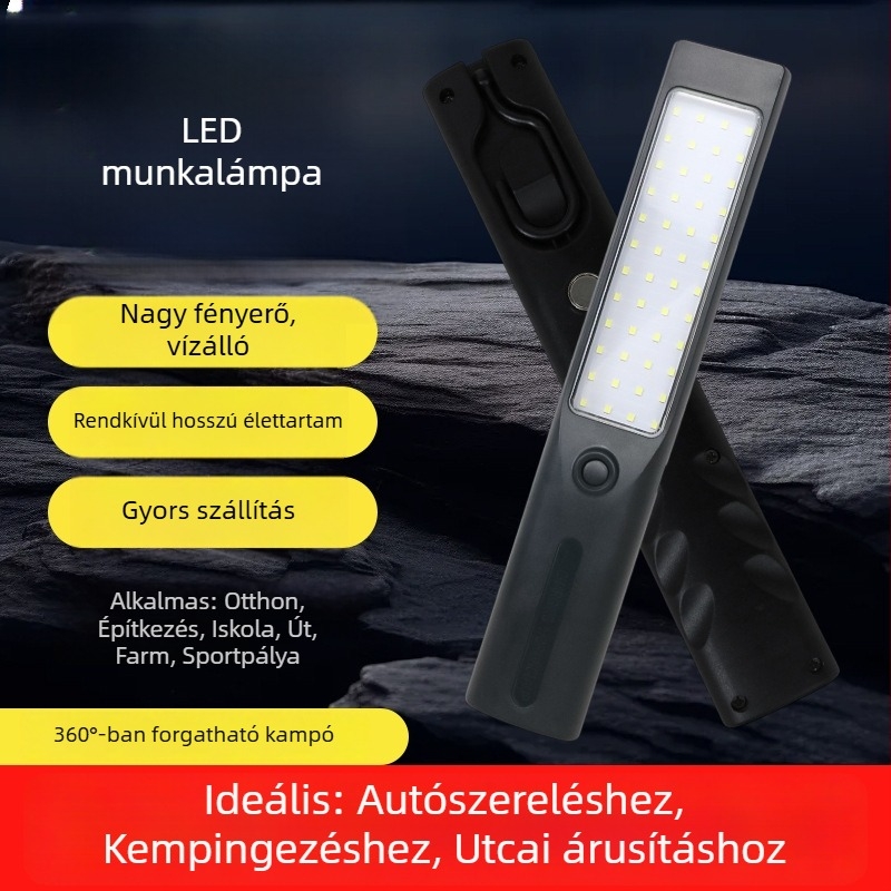 Újrat tölthető mágneses munkalámpa autójavításhoz, rendkívül fényes LED, 360° világítás, alumíniumötvözetes ház, fekete