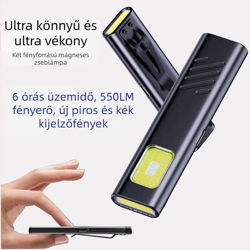 Mágneses COB LED munkalámpa tollklipsz - ultra vékony, hordozható - kézi működtetés - 1000 mAh akkumulátor - 100-240 lm