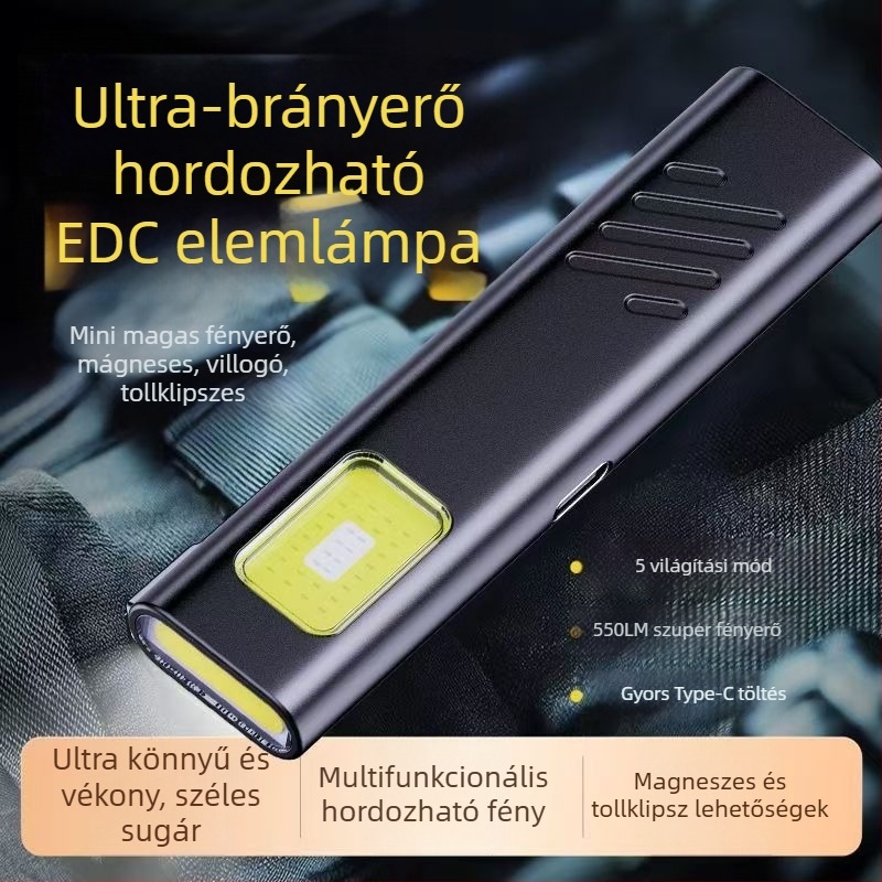 Mágneses COB LED munkalámpa tollklipsz - ultra vékony, hordozható - kézi működtetés - 1000 mAh akkumulátor - 100-240 lm