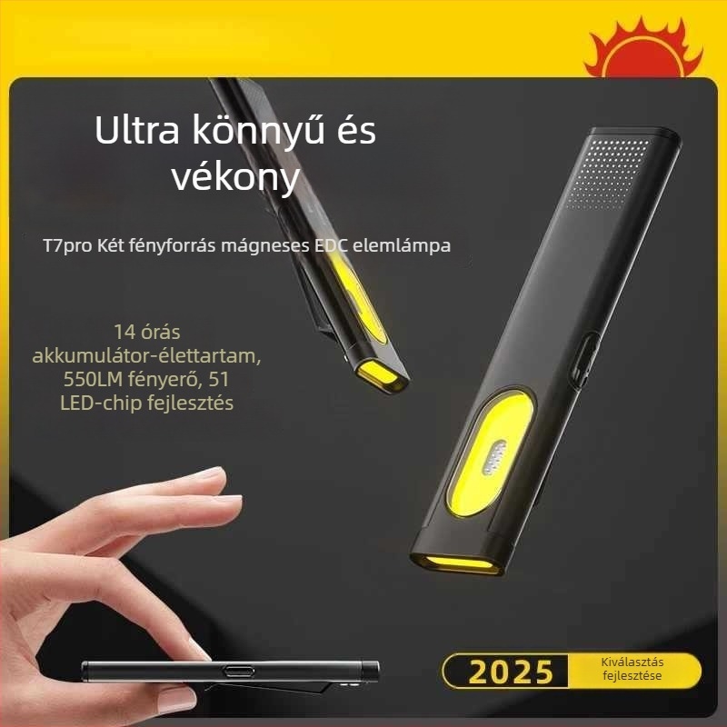 Mágneses COB munka lámpa, ultra vékony hordozható LED, alumínium ötvözet, 10W, 600 mAh, újratölthető, 50 m hatótáv