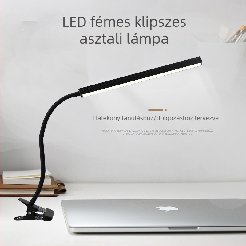 LED asztali csipeszes lámpa – szemkímélő asztali világítás olvasáshoz és tanuláshoz, éjszakai használathoz (CRI ≥90; USB táplálás; 5V; érintéses kapcsoló; fém árnyékoló)