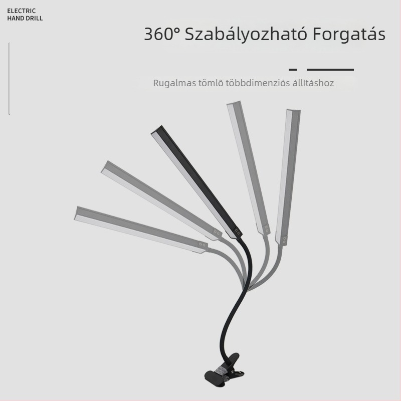 LED asztali csipeszes lámpa – szemkímélő asztali világítás olvasáshoz és tanuláshoz, éjszakai használathoz (CRI ≥90; USB táplálás; 5V; érintéses kapcsoló; fém árnyékoló)