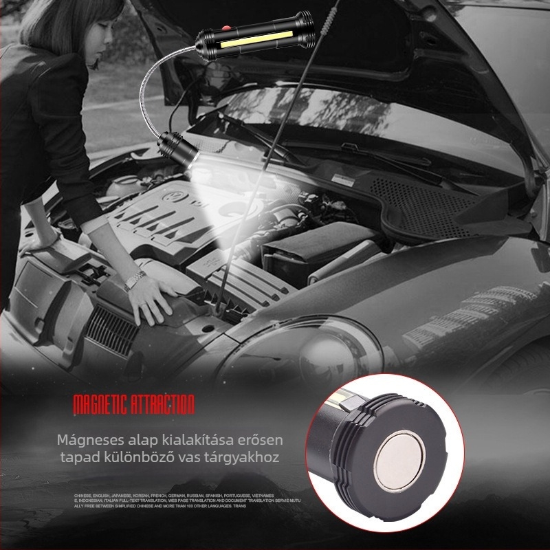 LED többfunkciós kemping lámpa USB töltéssel, mágneses alap és teleszkópos kialakítással - 10W, 1200mAh, kézi generátor, hatótávolság >500 m