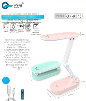 QY-8575 Li-ion akkumulátoros asztali lámpa két színű fény a szem védelméért, érintéses kapcsoló, beépített akkumulátor