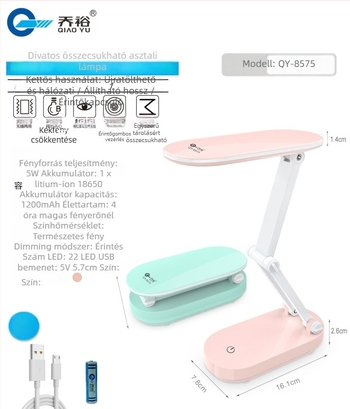 QY-8575 Li-ion akkumulátoros asztali lámpa két színű fény a szem védelméért, érintéses kapcsoló, beépített akkumulátor