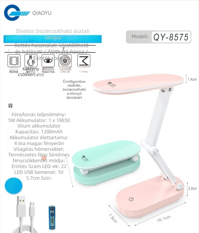 QY-8575 Li-ion akkumulátoros asztali lámpa két színű fény a szem védelméért, érintéses kapcsoló, beépített akkumulátor