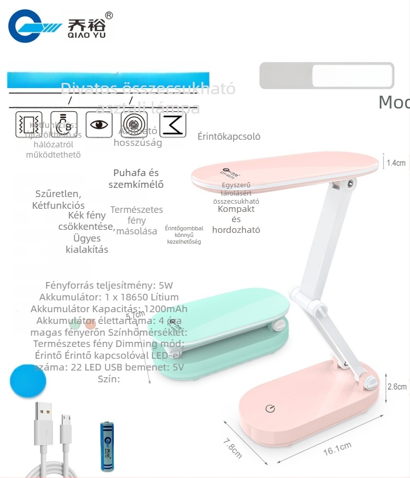 QY-8575 Li-ion akkumulátoros asztali lámpa két színű fény a szem védelméért, érintéses kapcsoló, beépített akkumulátor