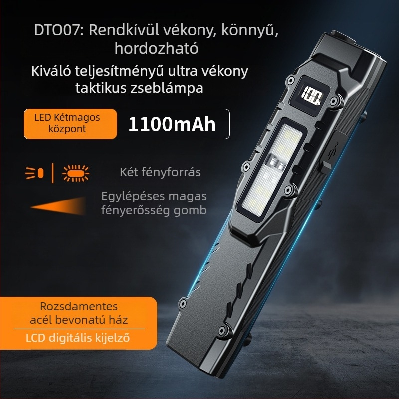 Taktikai LED zseblámpa, ultra vékony, Type-C gyorstöltés, 100–200 m hatótáv