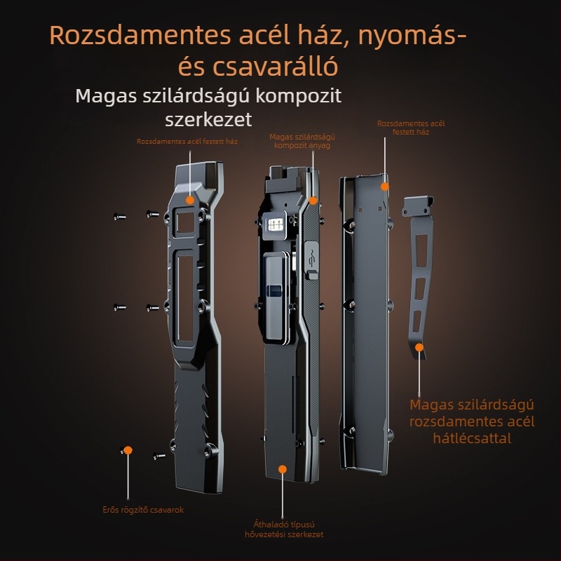 Taktikai LED zseblámpa, ultra vékony, Type-C gyorstöltés, 100–200 m hatótáv