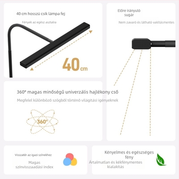 LED íróasztali lámpa olvasáshoz szemvédő funkcióval, USB 5V tápegység, CRI ≥95, árnyékoló ABS+PC+vas