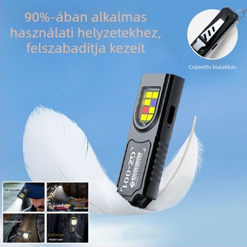 Zseb EDC Lámpa, LED, újratölthető, 200–500 m hatótávolság, kézi nyomásos működés, többfunkciós
