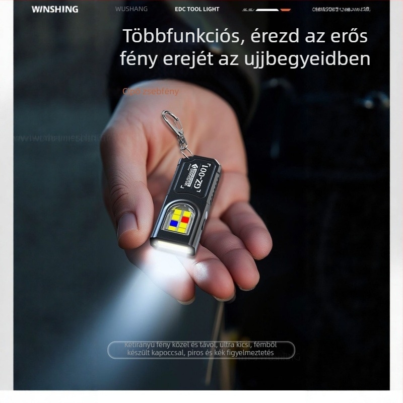 Zseb EDC Lámpa, LED, újratölthető, 200–500 m hatótávolság, kézi nyomásos működés, többfunkciós