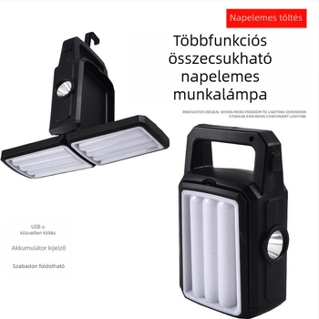 Napelemes kemping LED munkalámpa, újratölthető, 5W, 1200mAh akkumulátor, napelemes töltés, hordozható sátorvilágítás