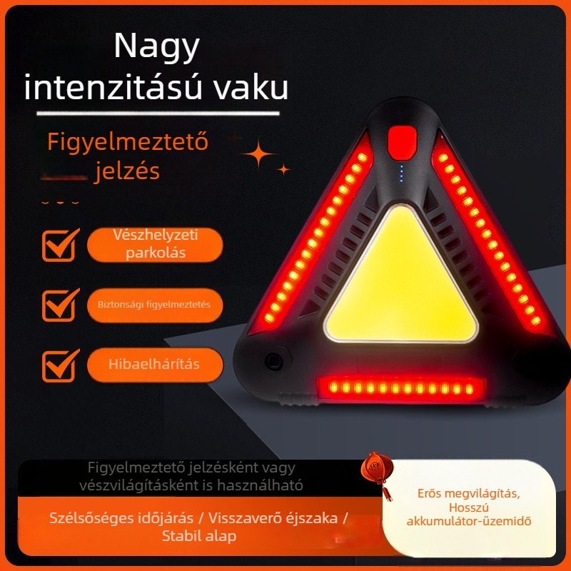 Többcélú munkalámpa teljesítménykijelzővel, COB vörös/fehér villogó fény, háromszög alakú riasztófény, ABS ház.