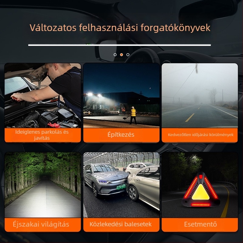 Többcélú munkalámpa teljesítménykijelzővel, COB vörös/fehér villogó fény, háromszög alakú riasztófény, ABS ház.