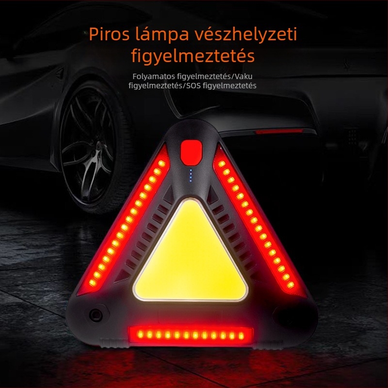 Többcélú munkalámpa teljesítménykijelzővel, COB vörös/fehér villogó fény, háromszög alakú riasztófény, ABS ház.
