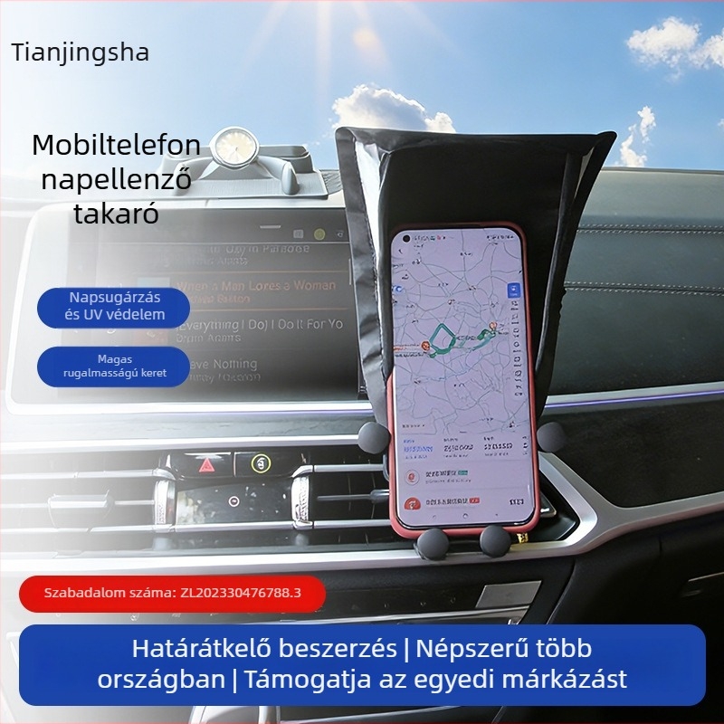 Autótelefon napellenző, függőleges verzió a műszerfalhoz, hővédő, anyag: poliészter + acéldrót, típus: nyár, telepítés nélkül, testreszabható