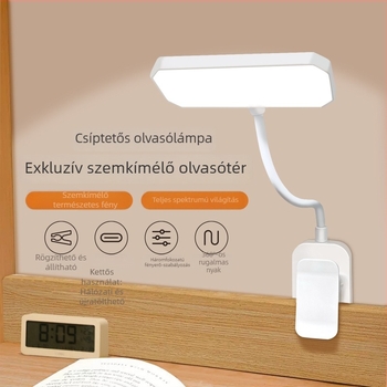 LED klipszes asztali lámpa szemvédővel, tanuláshoz, újratölthető és hálózatról működő, diákszobai éjjeli lámpa