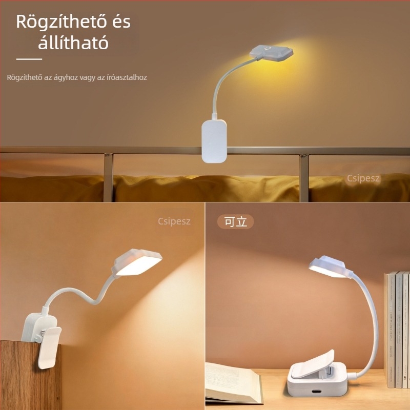 LED klipszes asztali lámpa szemvédővel, tanuláshoz, újratölthető és hálózatról működő, diákszobai éjjeli lámpa