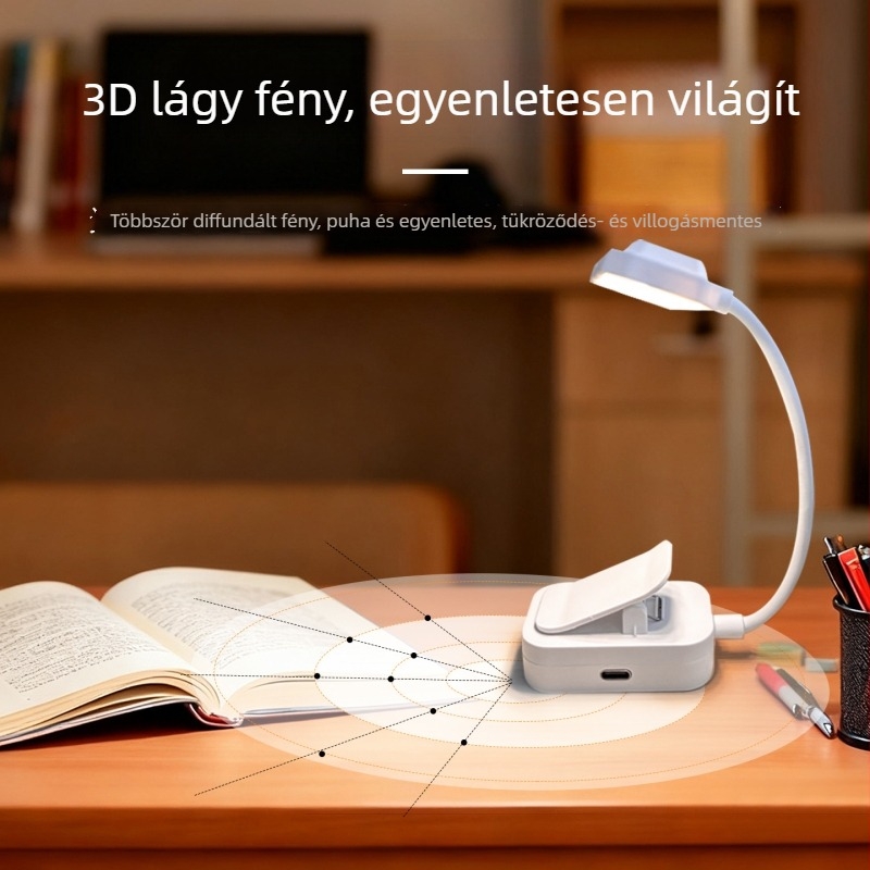 LED klipszes asztali lámpa szemvédővel, tanuláshoz, újratölthető és hálózatról működő, diákszobai éjjeli lámpa