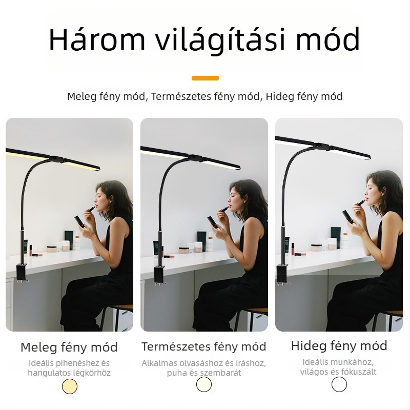 Kétfejes LED asztali lámpa, klipsz – tanuláshoz és számítógéphez, szemvédő fény, USB-tápellátás, éjszakai világítás