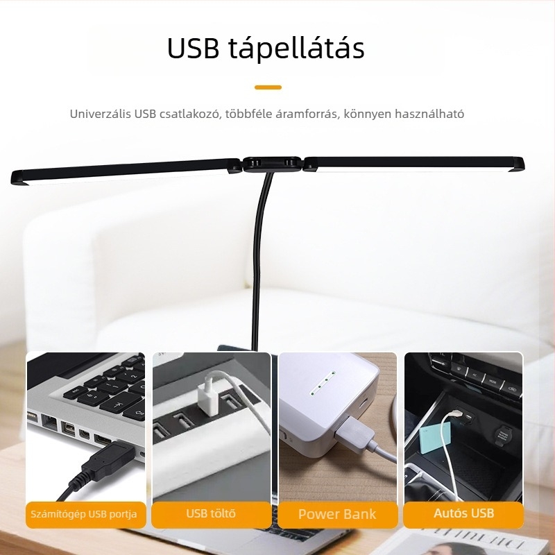 Kétfejes LED asztali lámpa, klipsz – tanuláshoz és számítógéphez, szemvédő fény, USB-tápellátás, éjszakai világítás
