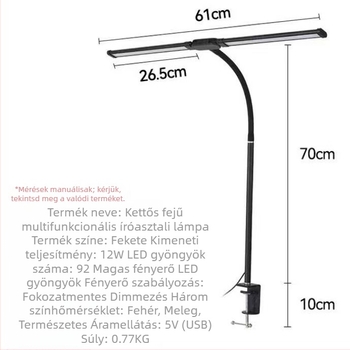 LED asztali lámpa Gooseneck, dupla fej – tanuláshoz és olvasáshoz, USB-tápellátás, fém árnyékoló, kapcsoló gombbal, szemvédelem