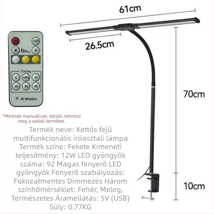 LED asztali lámpa Gooseneck, dupla fej – tanuláshoz és olvasáshoz, USB-tápellátás, fém árnyékoló, kapcsoló gombbal, szemvédelem