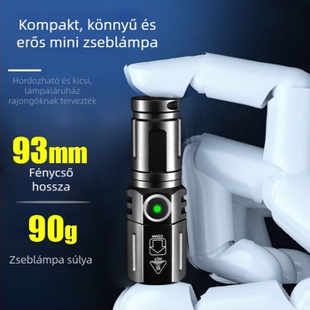 Újratölthető LED zseblámpa mini zoom fokozással — alumínium ötvözet test, 15W, 18350/16340 akkumulátorok, hatótávolság 200–500 m.