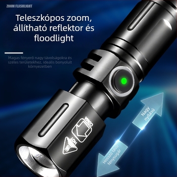 Újratölthető LED zseblámpa mini zoom fokozással — alumínium ötvözet test, 15W, 18350/16340 akkumulátorok, hatótávolság 200–500 m.