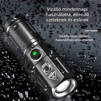 Újratölthető LED zseblámpa mini zoom fokozással — alumínium ötvözet test, 15W, 18350/16340 akkumulátorok, hatótávolság 200–500 m.