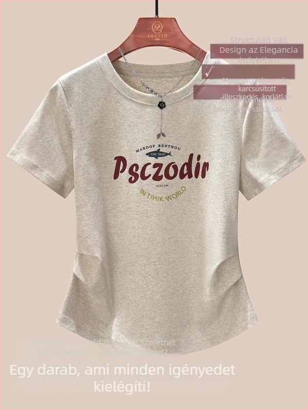 Soossn Slim Fit bordázott pamut póló nyomtatással (betűk/számok/szöveg), rövid ujjú, kerek nyak
