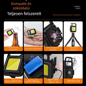 LED kulcstartó zseblámpa – újratölthető, kézi energiaellátás, ultra‑fényes, kompakt multifunkcionális munkafény, test alumíniumötvözet, 100–200 m sugar, 6 óra üzemidő