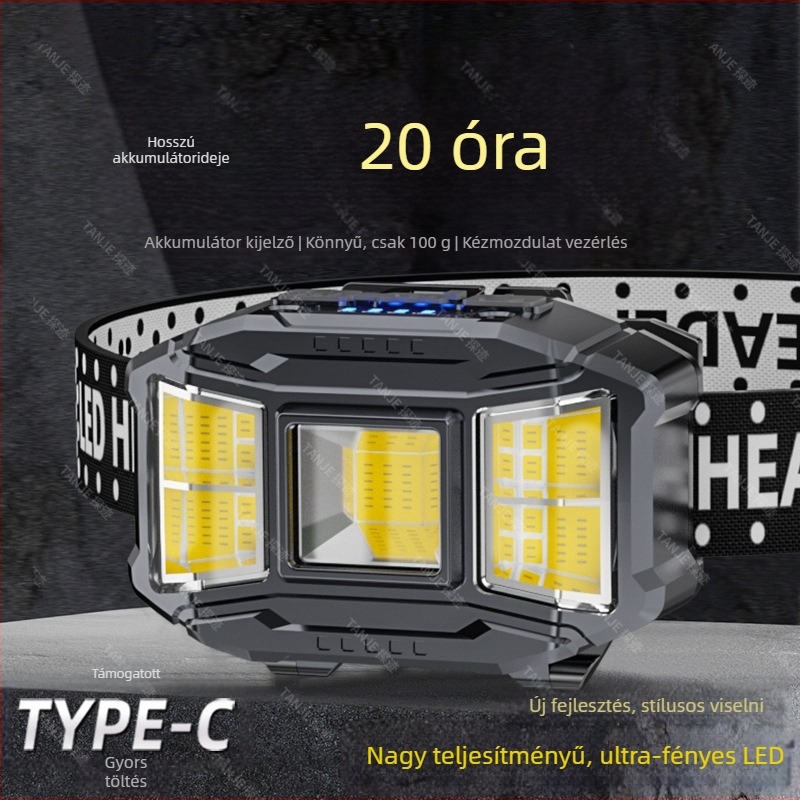Fejlámpa vetítőfény 30W, LED+COB, piros fény, 360° forgás, cserélhető akkumulátor