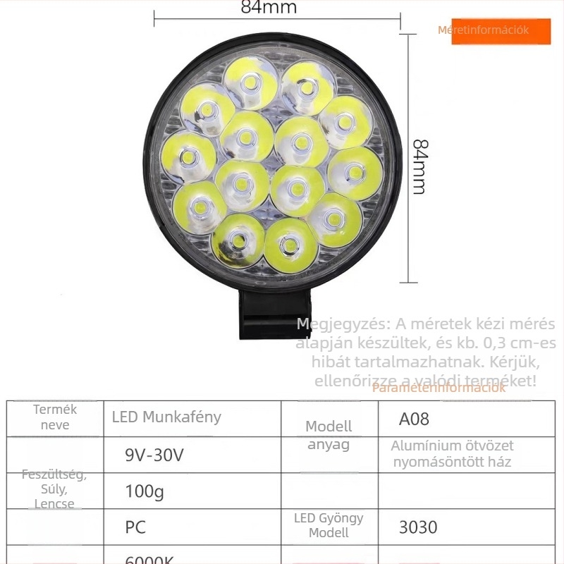 LED autómunka fénye, alumínium ház, 27W LED, 12–35V, 3520 lm, élettartam 50 000 óra