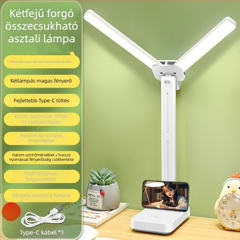 Kétfejű, összecsukható LED asztali lámpa diákok és gyerekek számára, érintéses kapcsolóval, újratölthető, szemvédő, világítás a tanuláshoz