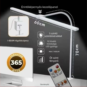LED tanulóasztali lámpa kliipeszes, kettőfejű olvasólámpa, USB tápegység, érintéses kapcsoló, fém árnyékoló