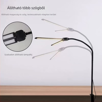 LED tanulóasztali lámpa kliipeszes, kettőfejű olvasólámpa, USB tápegység, érintéses kapcsoló, fém árnyékoló