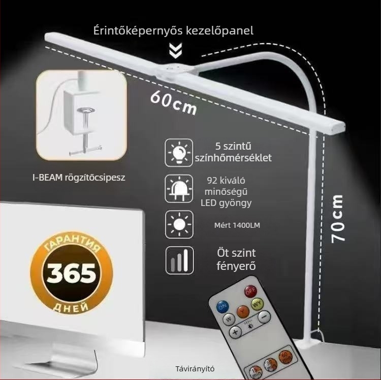 LED tanulóasztali lámpa kliipeszes, kettőfejű olvasólámpa, USB tápegység, érintéses kapcsoló, fém árnyékoló