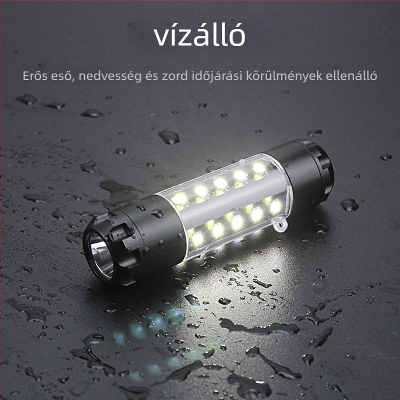 Mini hordozható COB LED elemlámpa kültéri használatra, 1200mAh akkumulátor, 14500 elemről működik, 100–200 m hatótávolság, többfunkciós