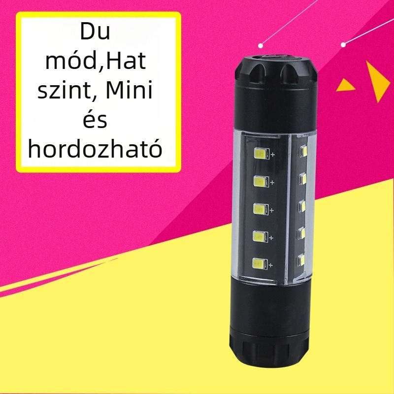 Mini hordozható COB LED elemlámpa kültéri használatra, 1200mAh akkumulátor, 14500 elemről működik, 100–200 m hatótávolság, többfunkciós