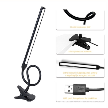 Csipeszes LED asztali lámpa USB táppal, szemvédő, műanyag árnyékoló, gombkapcsoló