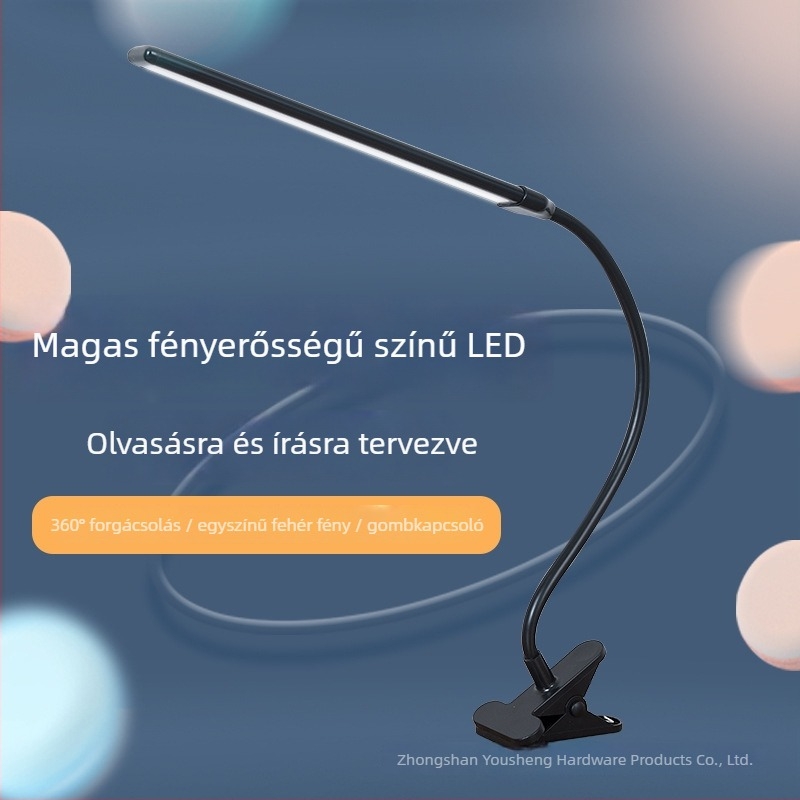 Csipeszes LED asztali lámpa USB táppal, szemvédő, műanyag árnyékoló, gombkapcsoló