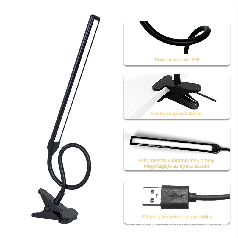 Csipeszes LED asztali lámpa USB táppal, szemvédő, műanyag árnyékoló, gombkapcsoló