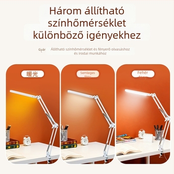 Csipeszes LED asztali lámpa szemvédővel, hosszú hajlékony kar, összecsukható, kollégiumi ágy melletti olvasáshoz és tanuláshoz — CRI 80–89; AA szintű megvilágítás; árnyékoló műanyag; kapcsoló gombos; hálózati tápegység.