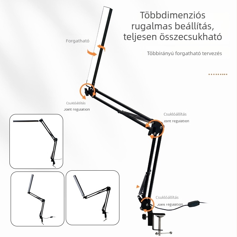 Csipeszes LED asztali lámpa szemvédővel, hosszú hajlékony kar, összecsukható, kollégiumi ágy melletti olvasáshoz és tanuláshoz — CRI 80–89; AA szintű megvilágítás; árnyékoló műanyag; kapcsoló gombos; hálózati tápegység.