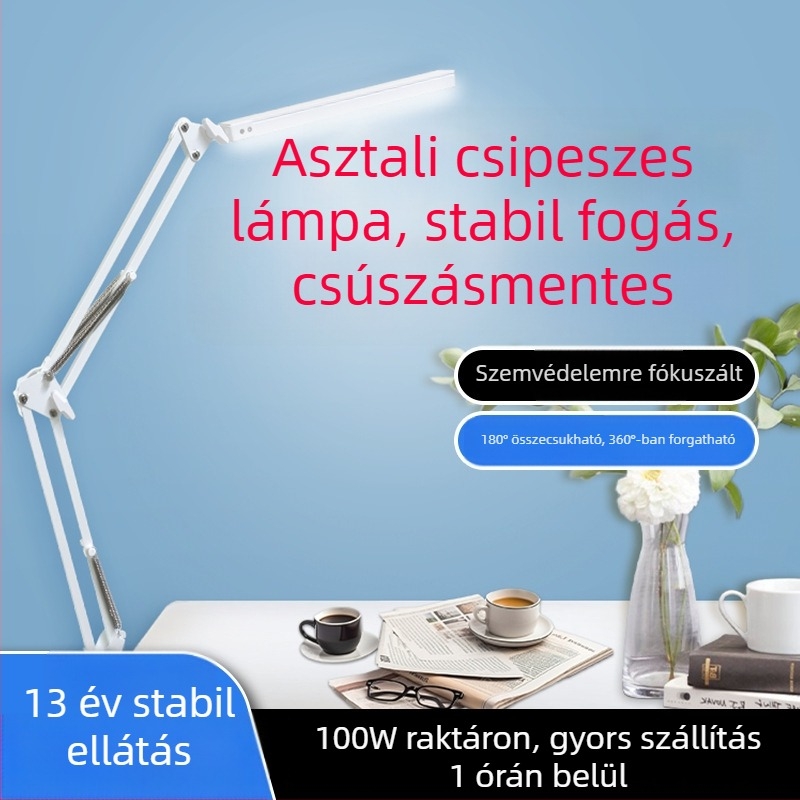 Csipeszes LED asztali lámpa szemvédővel, hosszú hajlékony kar, összecsukható, kollégiumi ágy melletti olvasáshoz és tanuláshoz — CRI 80–89; AA szintű megvilágítás; árnyékoló műanyag; kapcsoló gombos; hálózati tápegység.