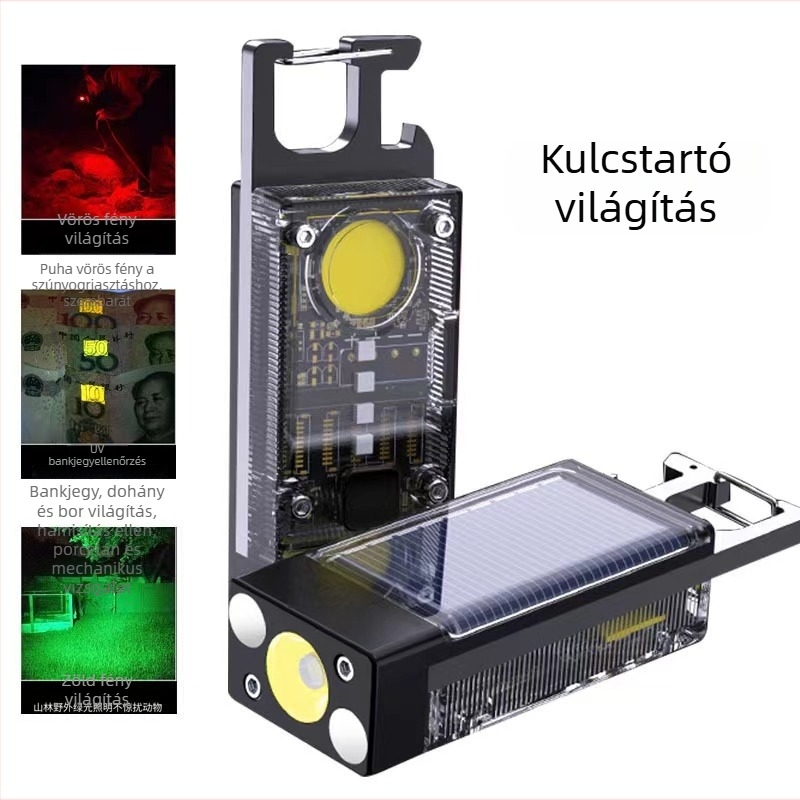 COB LED-es mini kulcstartó munkalámpa, napelemes töltés, 5W, 100–240 lm fényerő, kézi hajtott üzem