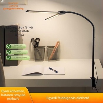 Csipeszes asztali lámpa két fejjel a szemvédelméért, USB tápegység, színbeállítható, lágy fény, időzítő – tanuláshoz és éjszakai használathoz
